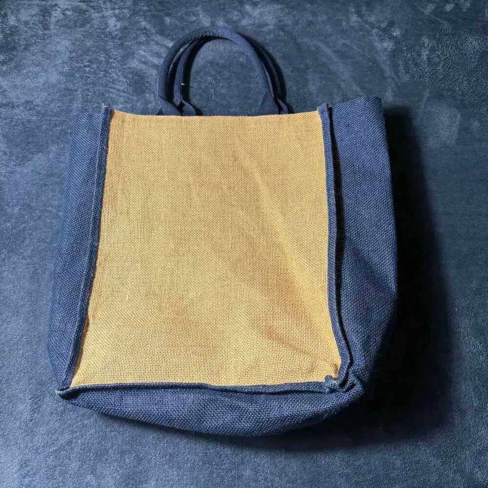 Nautical Anchor Print Natural Jute and Navy Burlap Beach Tote Bag